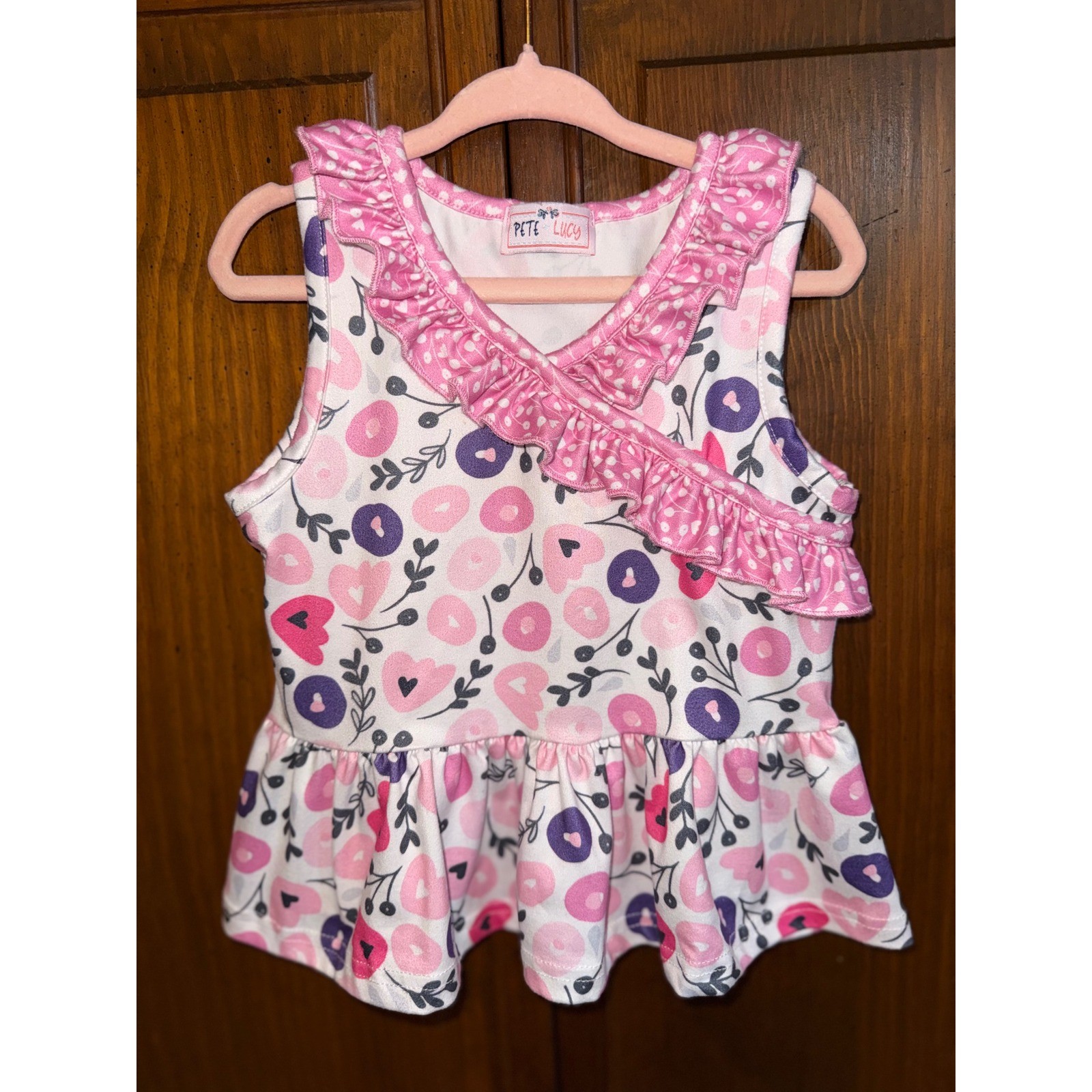 Pete Lucy Girls 2T Pink Floral Heart Peplum Top and Ruffle Pants Set