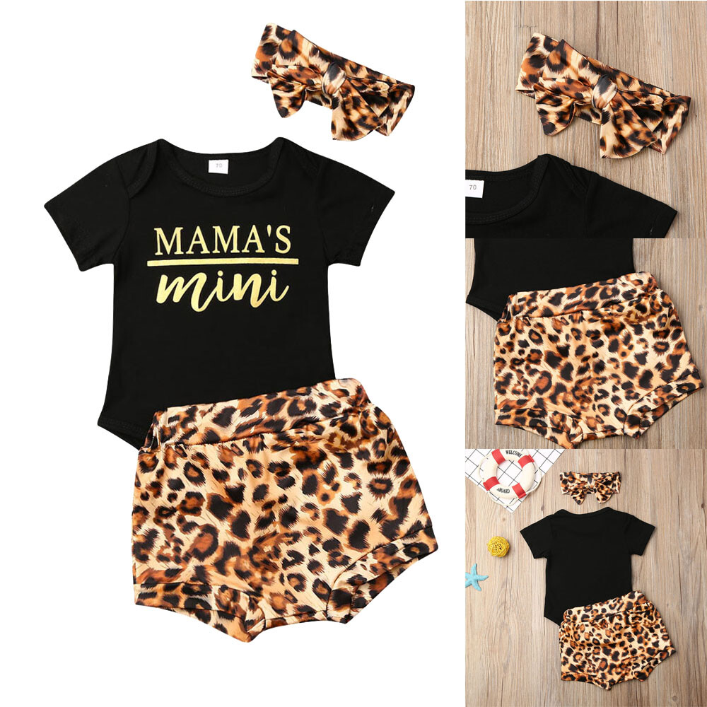 Newborn Baby Girl Clothes Leopard Romper Bodysuit Tops Shorts Headband Outfits