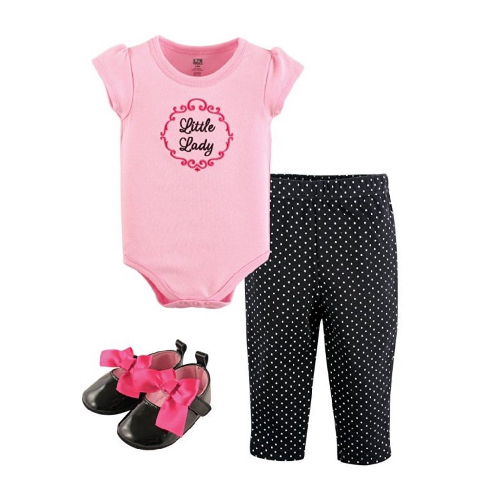 HUDSON BABY GIRLS 3 PC BODYSUIT PANT SHOE SET COTTON 0 TO 12 MONTHS BABY SHOWER