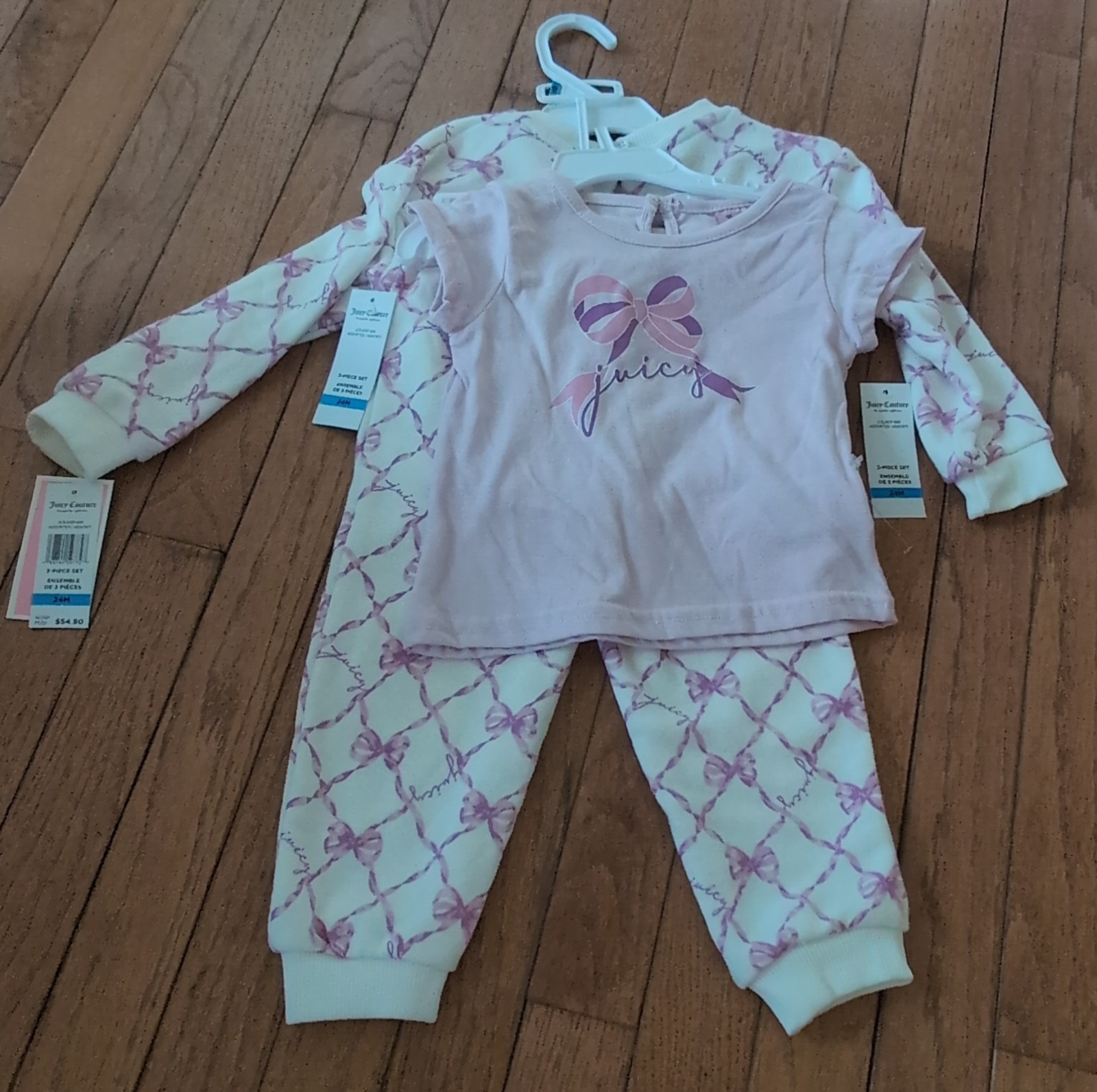 NWT! NEW! Juicy Couture 3-Piece Outfit Set 24M Pink Bow Sweatshirt T-Shirt Pants