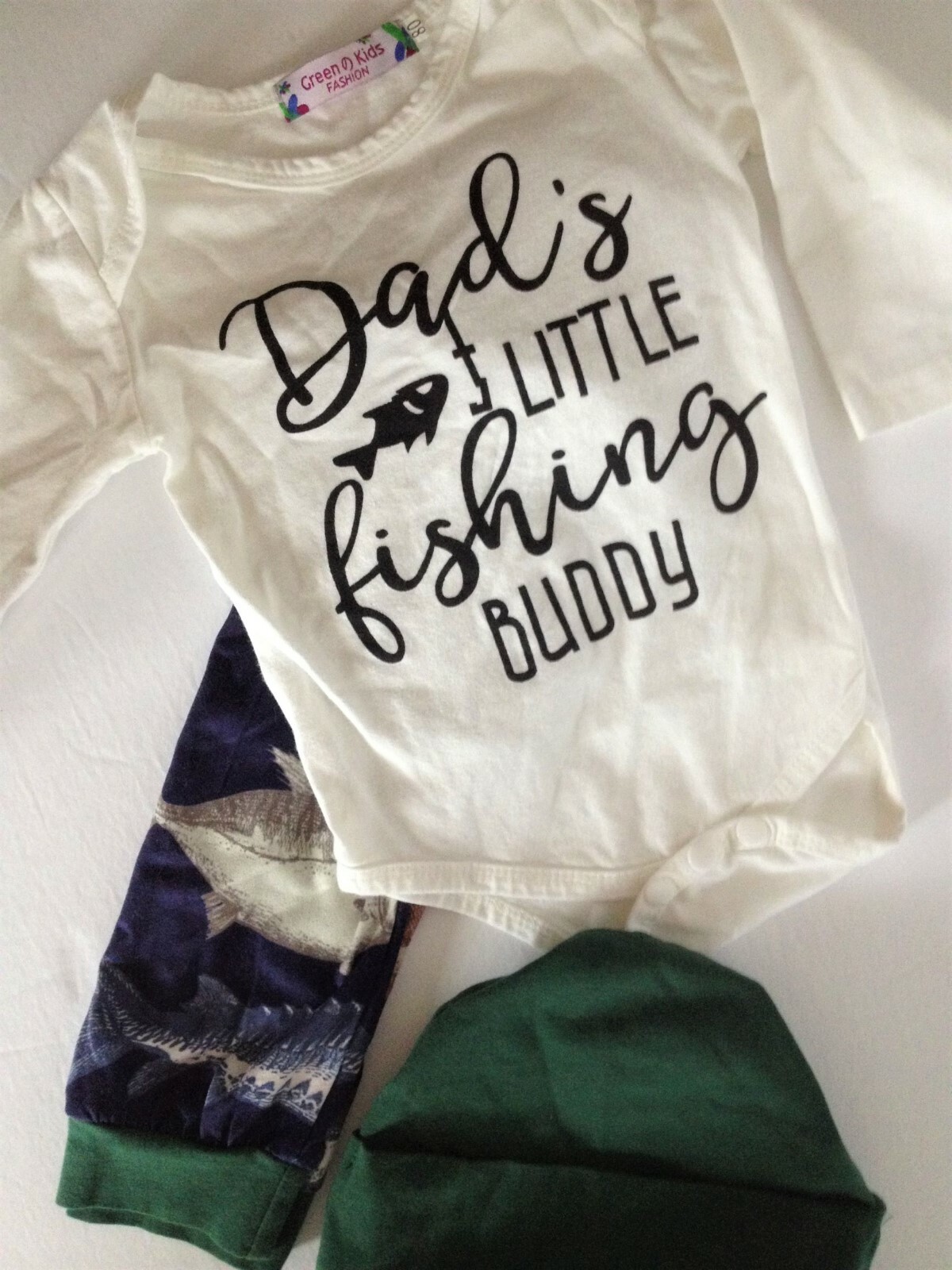 Green Kids Baby DAD’S LITTLE FISHING BUDDY Set 8mo 3PC Suit Pants Cap FISH