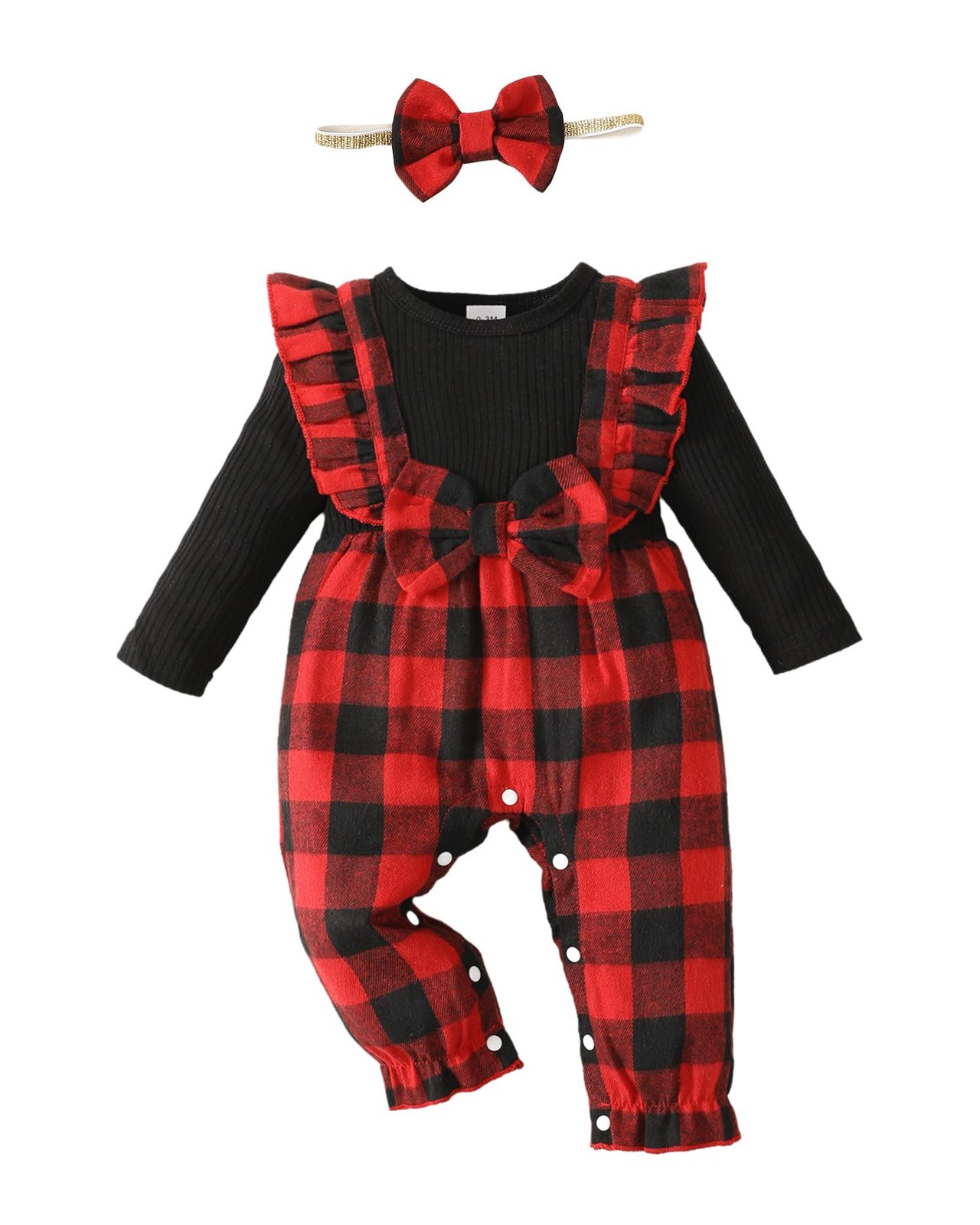 6-12M Baby Girl Jumpsuit – Red Long Sleeve Plaid Romper Bodysuit Overalls