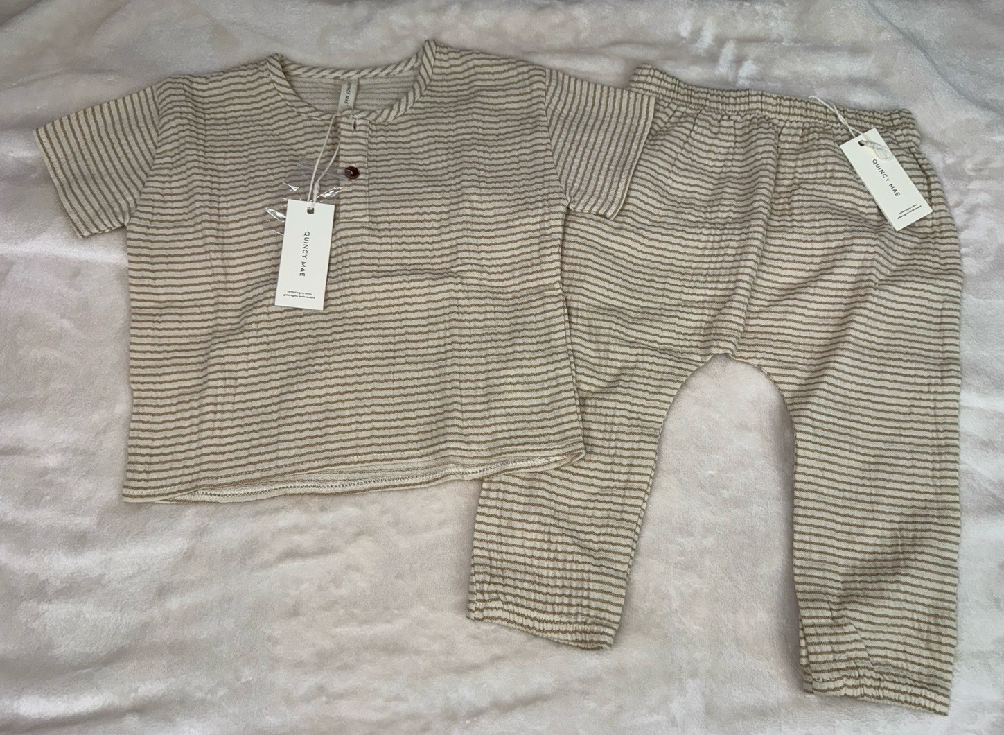NWT QUINCY MAE Henry Top & Woven Pant Set Ocre Stripe Size 12-18 Months $56.00