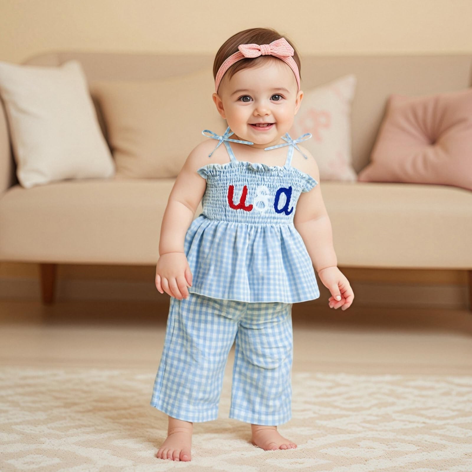 4th of July Outfit Baby Girl Smocked Tank Top+Wide Leg Pants Set Kids Toddler…