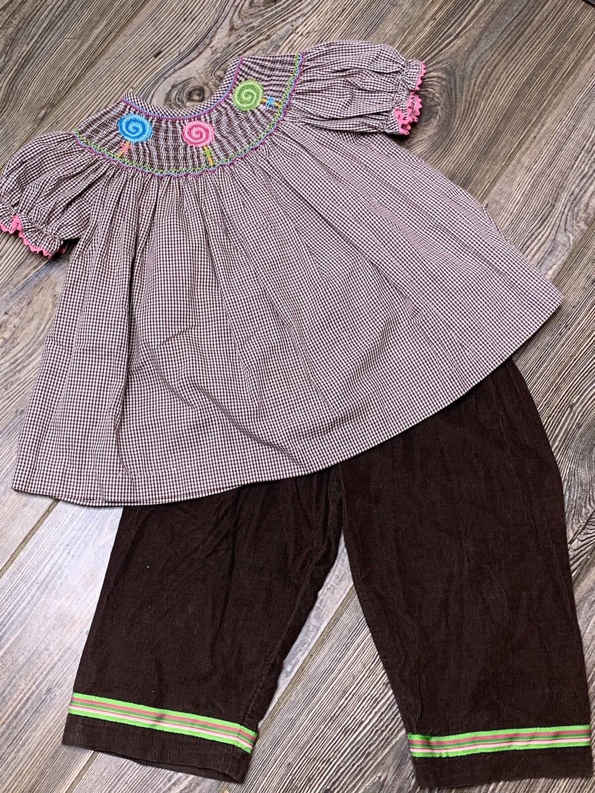 VELANI CLASSICS 2 PIECE BROWN & WHITE GINGHAM SMOCKED LOLLIPOP PANT SET SIZE 2T