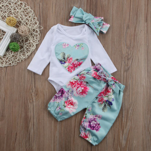 Newborn Baby Girls Printing Ruffle Romper Tops Pants Headband Clothes Outfits