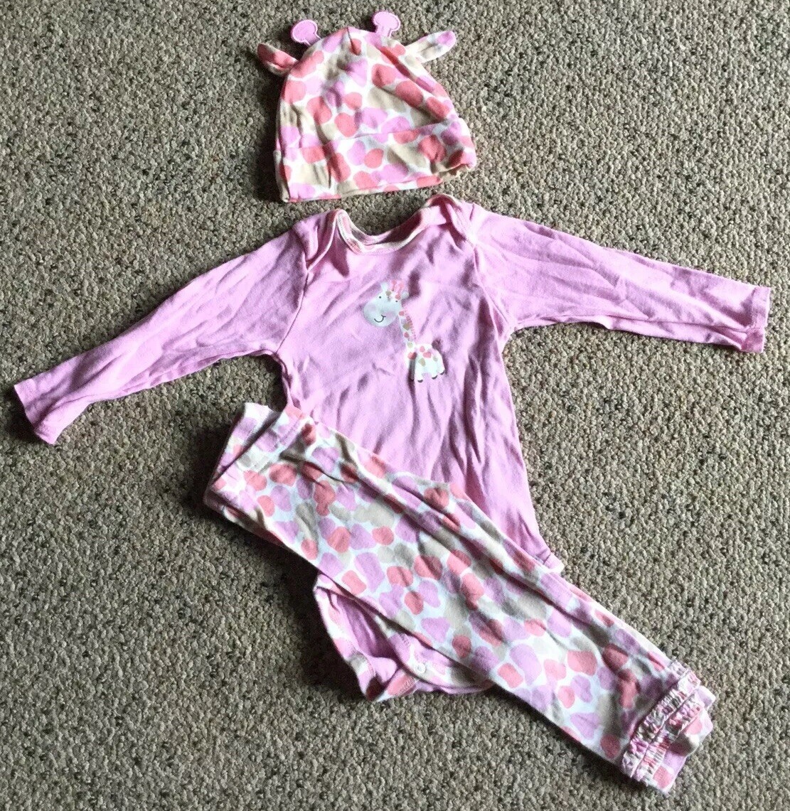 Gerber 3pc Outfit Girls Toddler Pink Onesie W/Giraffe Spotted Hat & Pants 18M