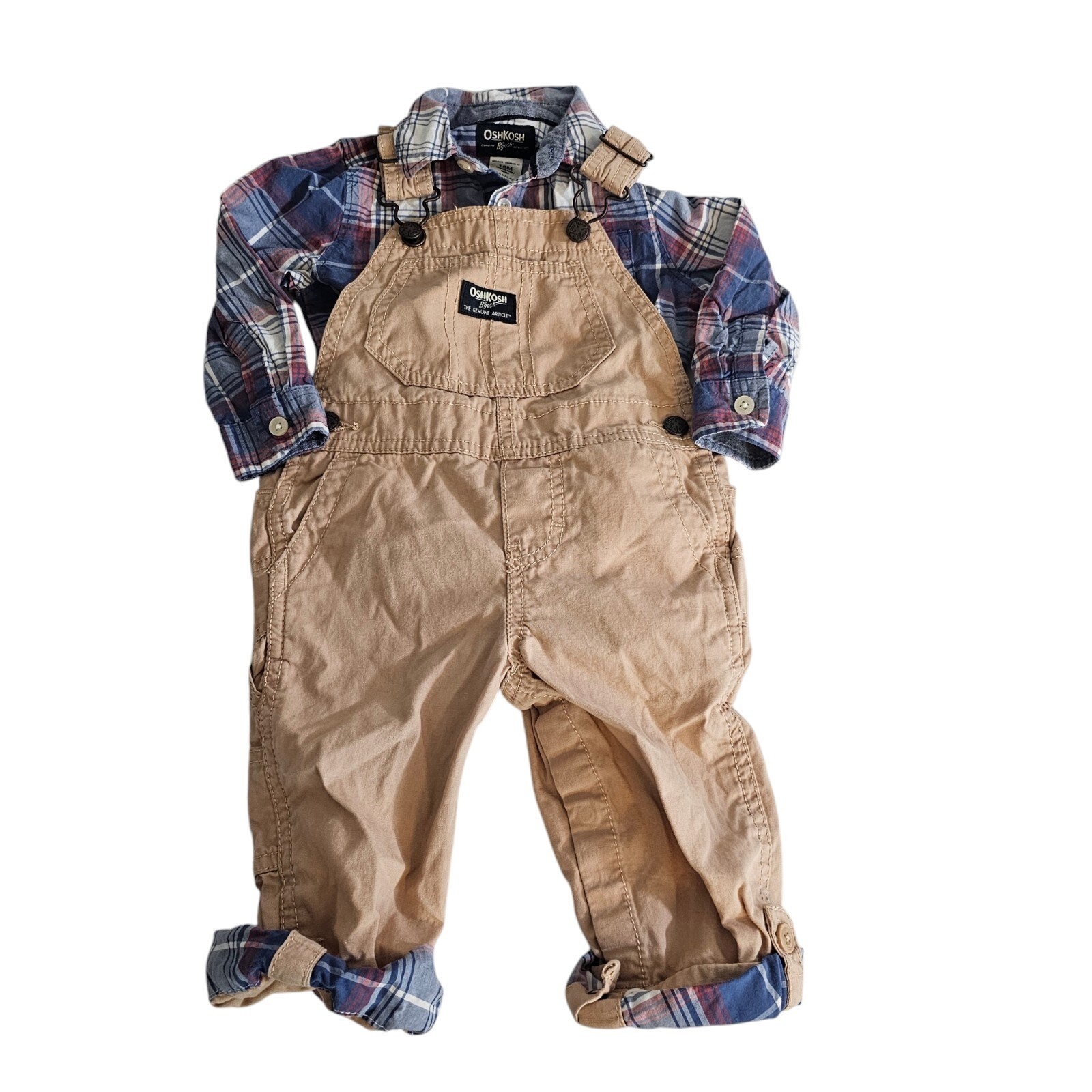 Oshkosh B’gosh Vestbak 2 Piece Set 18 mo Denim Bib Overalls Romper Roll Cuff