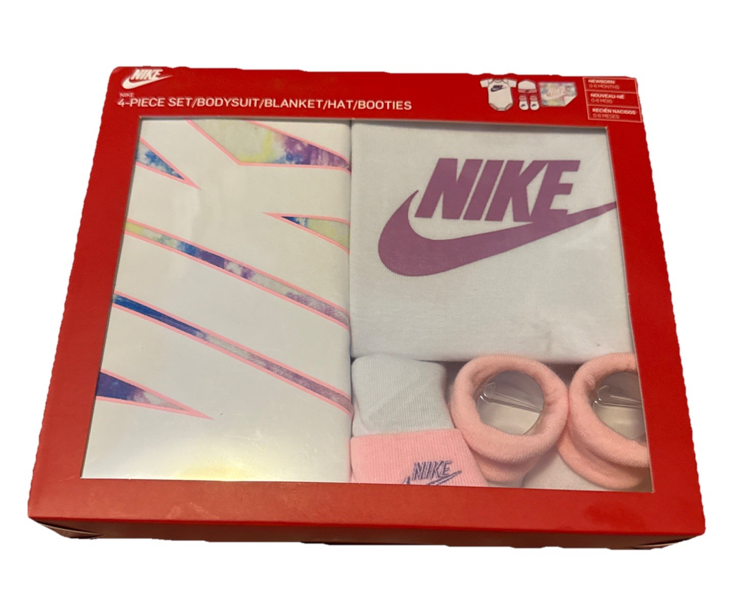 NEW Nike Baby 4 Piece Set W Bodysuit, Hat, Booties & Tie dye Logo Blanket 0-6M