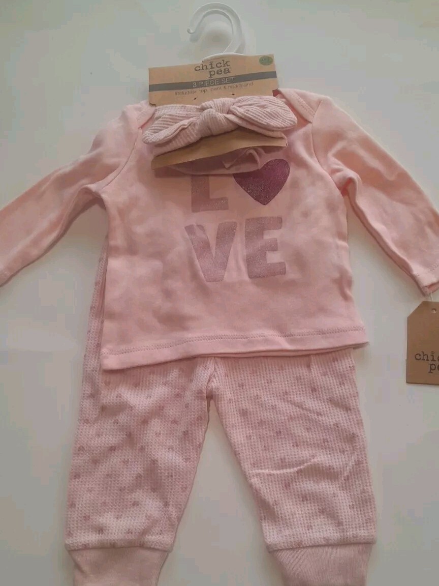 Chick Pea Baby Girl Outfit Set Size 0-3 Months 3pc Pink Top Pants Head Band