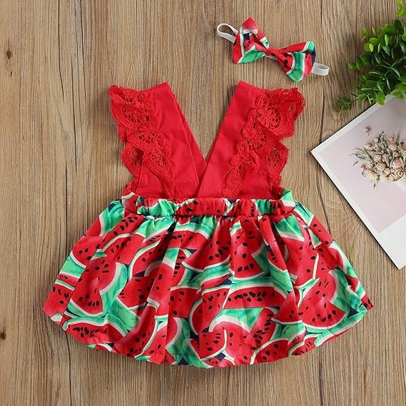 Newborn Baby Girls Watermelon Print Lace V-neck Romper Dress Jumpsuit+Headband