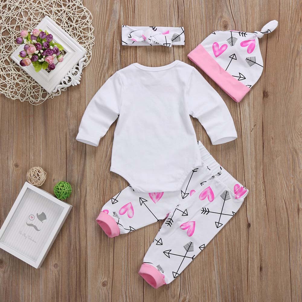 Newborn Baby Boy Girl Romper Tops +Long Pants Hat Headband Outfits Clothes 0-24M