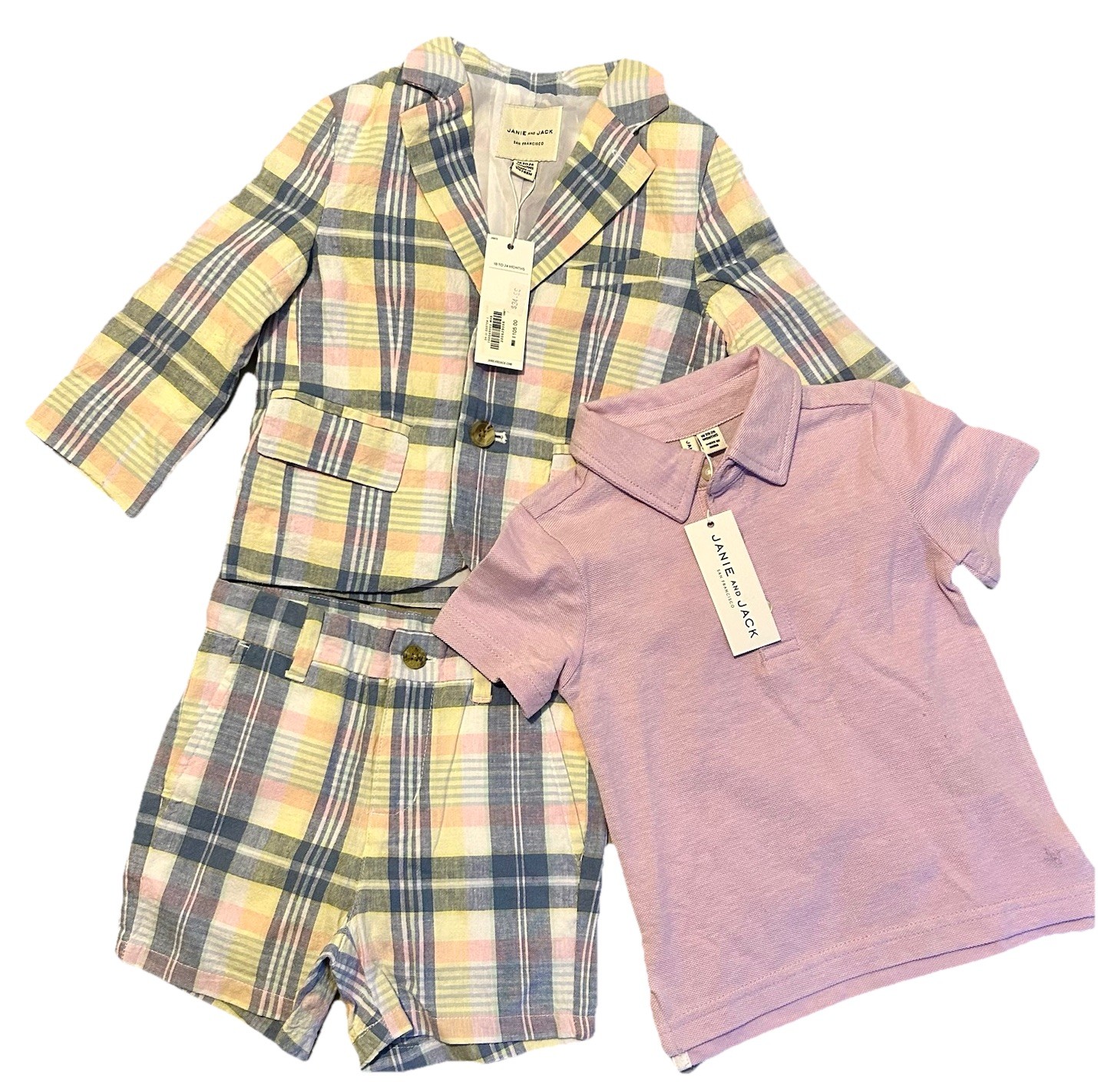 Janie and Jack Pastel Plaid Linen Blend Blazer Short Set Polo Shirt 18-24 Months