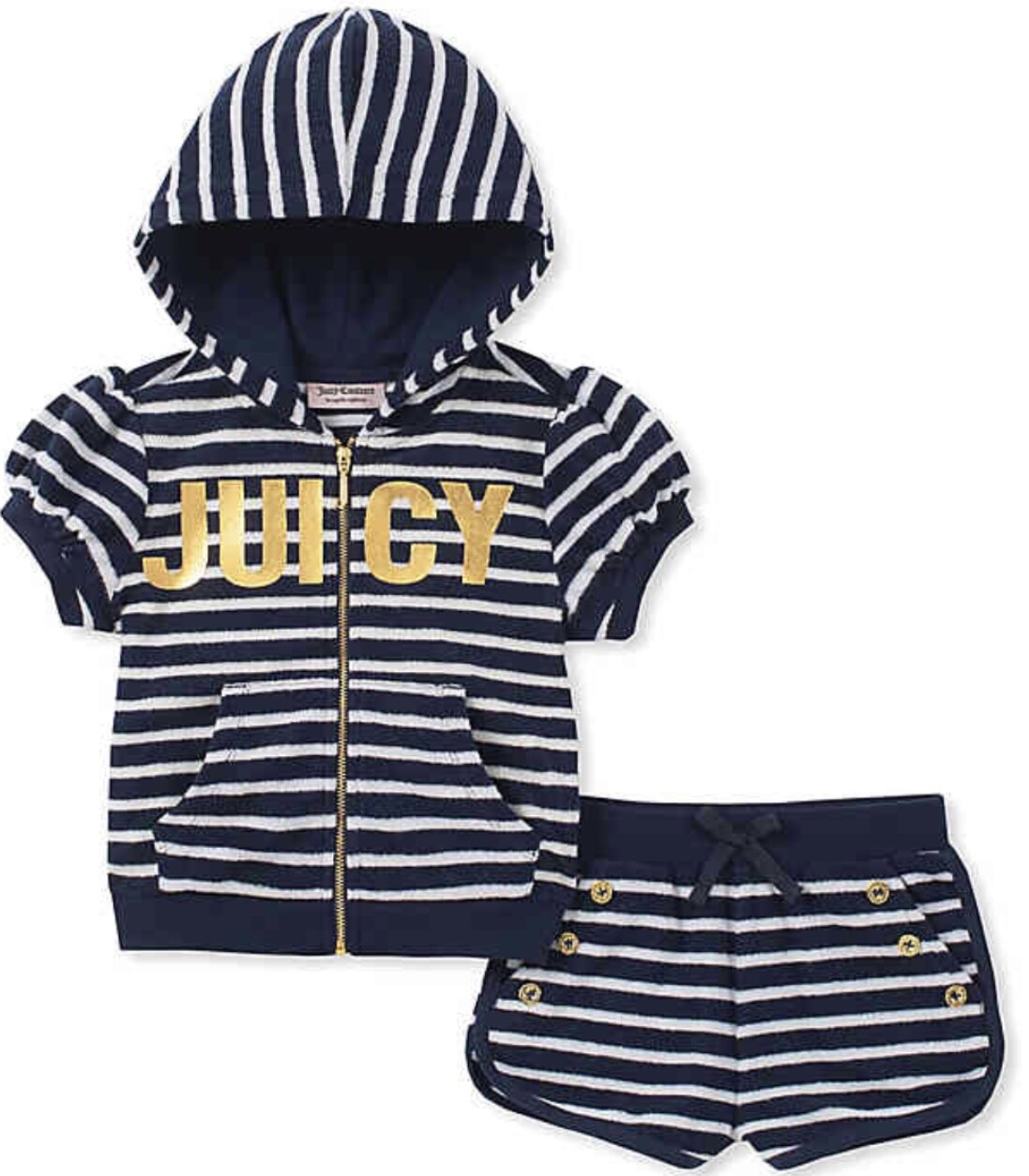 JUICY COUTURE 2 Piece Striped Navy White Hoodie Short Set NEW Infant 12 18 24 mo
