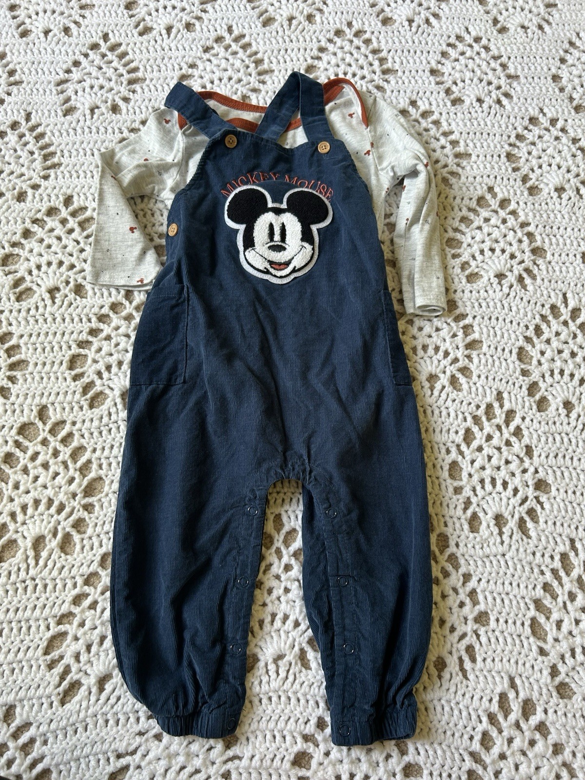Disney Baby 24 Months Two Piece Set Blue Corduroy Overalls Long Sleeve Cream Top