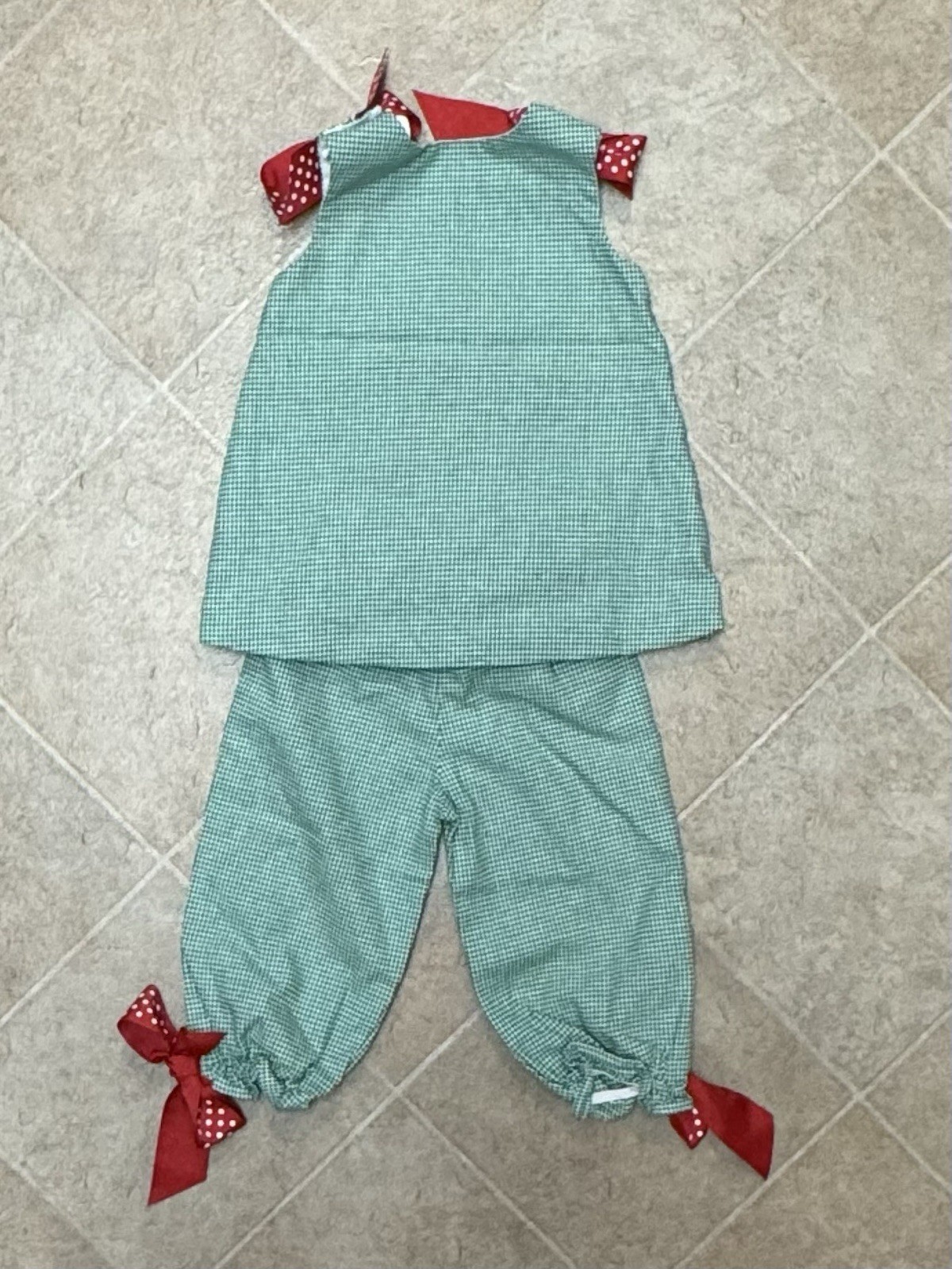 VTG Bailey Boys 12 Mo Girl 2 Piece Set Green Houndstooth Reindeer Bows Holiday