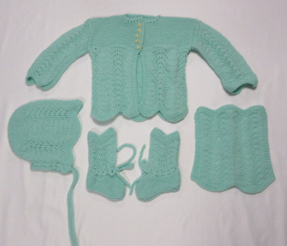 Hand Knit – Set of Light Green Baby Lace Bonnet, Socks, Washcloth, Sweater