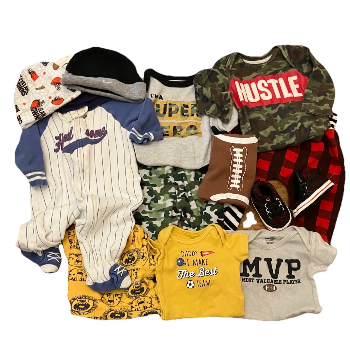 Baby Boy Bundle Lot Manly Football Sports Camo Pajamas Nike Shoes 0-3 3-6