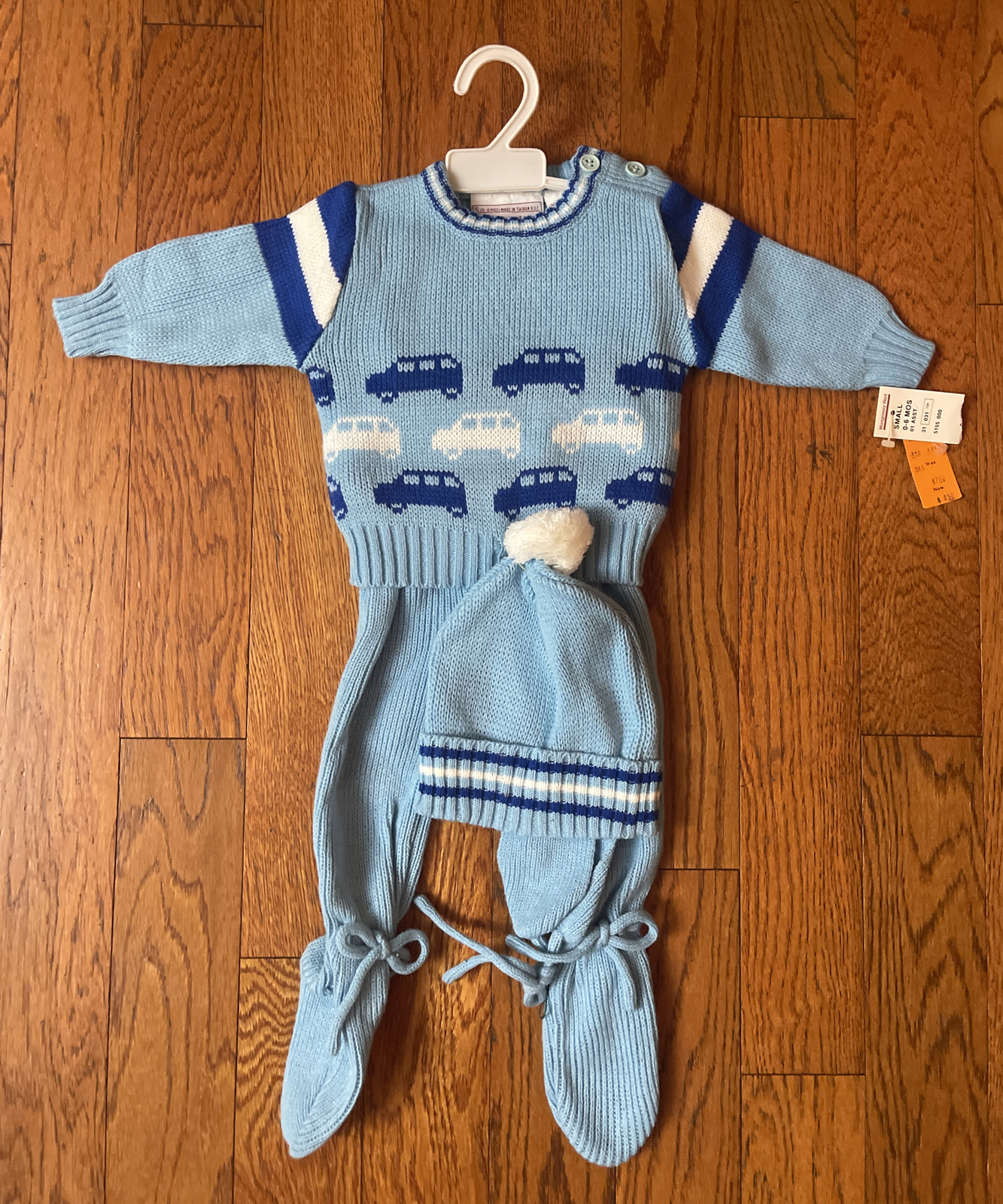 New NOS VTG Montgomery Ward Knit Sweater Pants Hat Set Baby Infant 0-6 Months