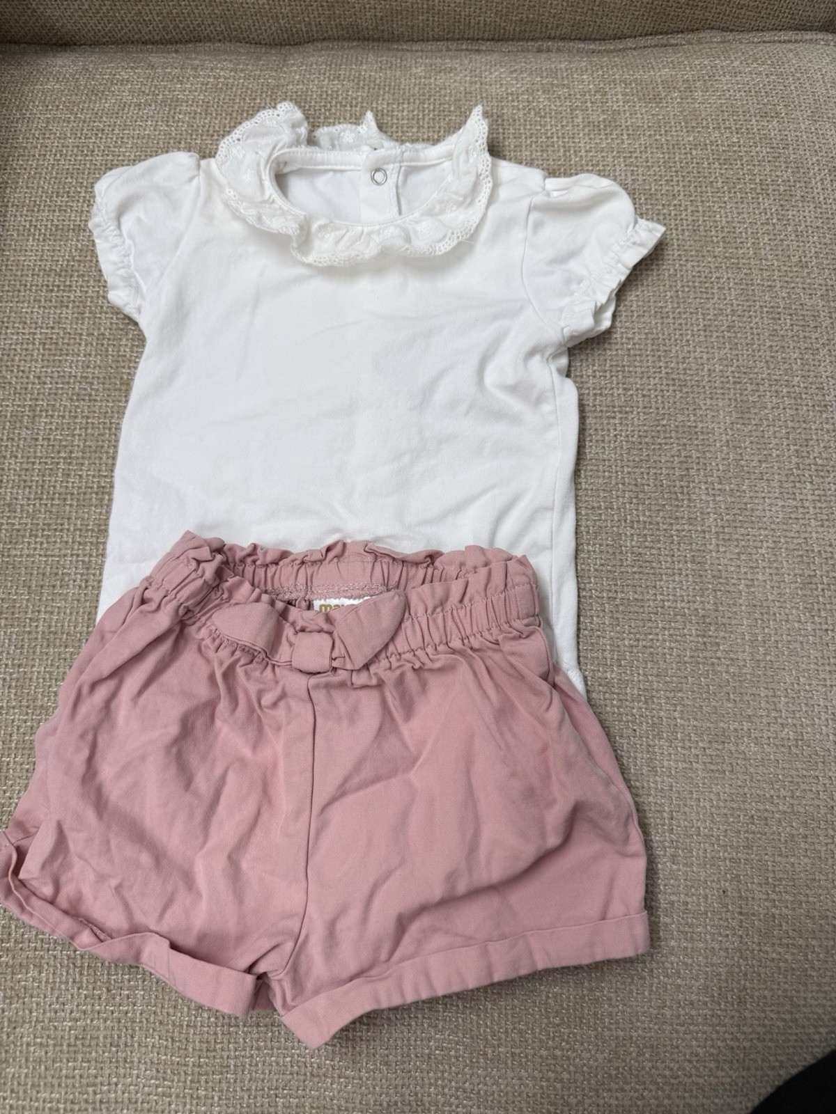 Mayoral 6-9M Pink Shorts & White Lace Bodysuit Baby Girl Outfit Set EUC
