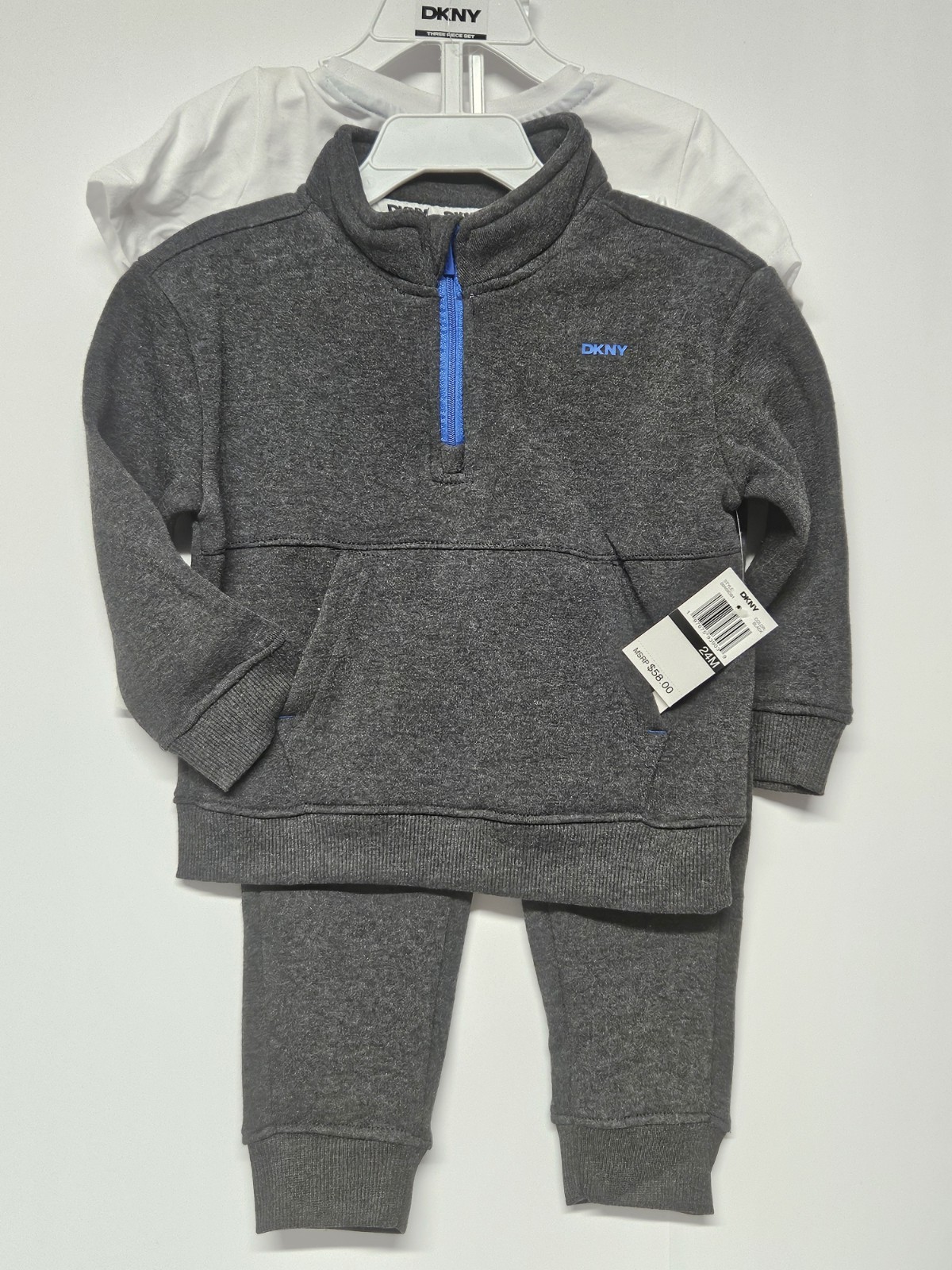 DKNY 24M, Set Of 3, Grey Pull Over Jacket/Grey Pants/ Crew Neck Logo T Shirt