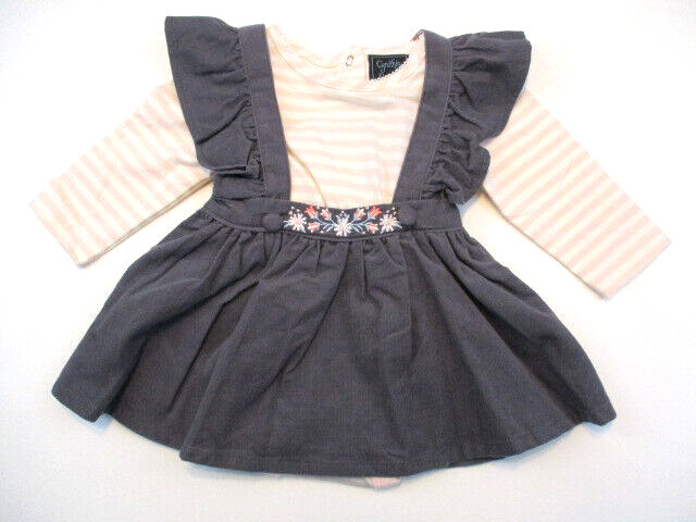 CYNTHIA ROWLEY Outfit Girl 3-6 mo Gray Corduroy Pinafore Striped One-piece NWT
