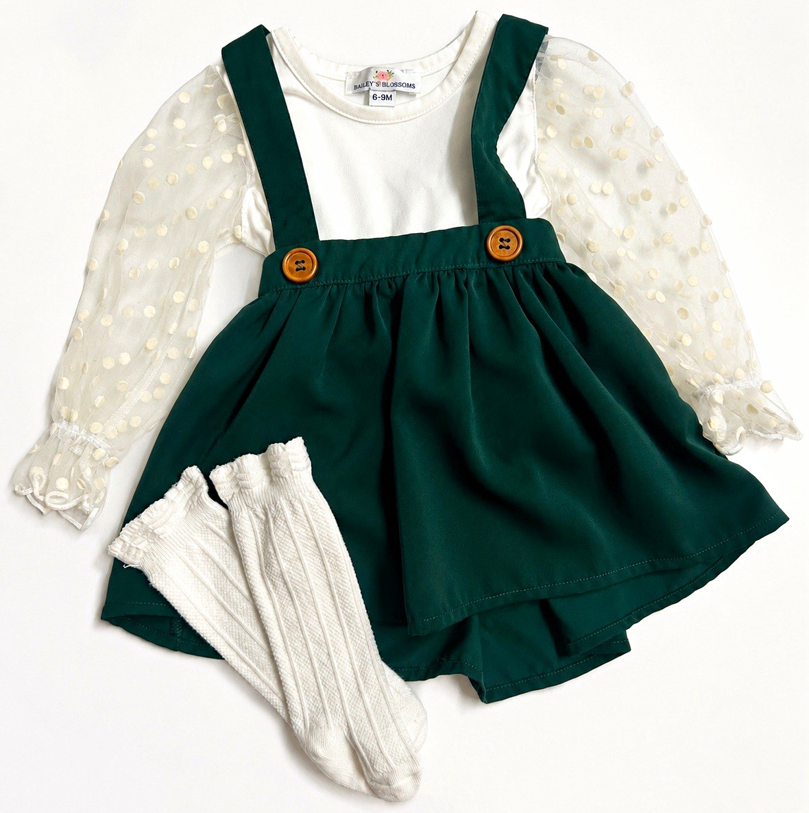 Bailey’s Blossoms 3pc Girls 6-9M Green/White Dress Set Polka Dot Bodysuit