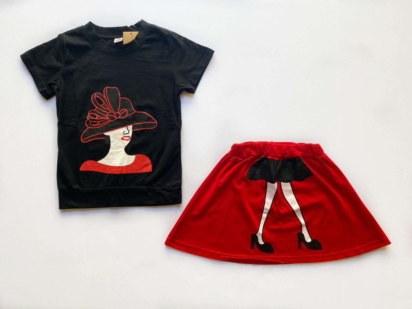 Toddler Girls 2pcs Out Wear Set Black Red Skirt Top Set Cotton 2T – 5T 2Pcs Set