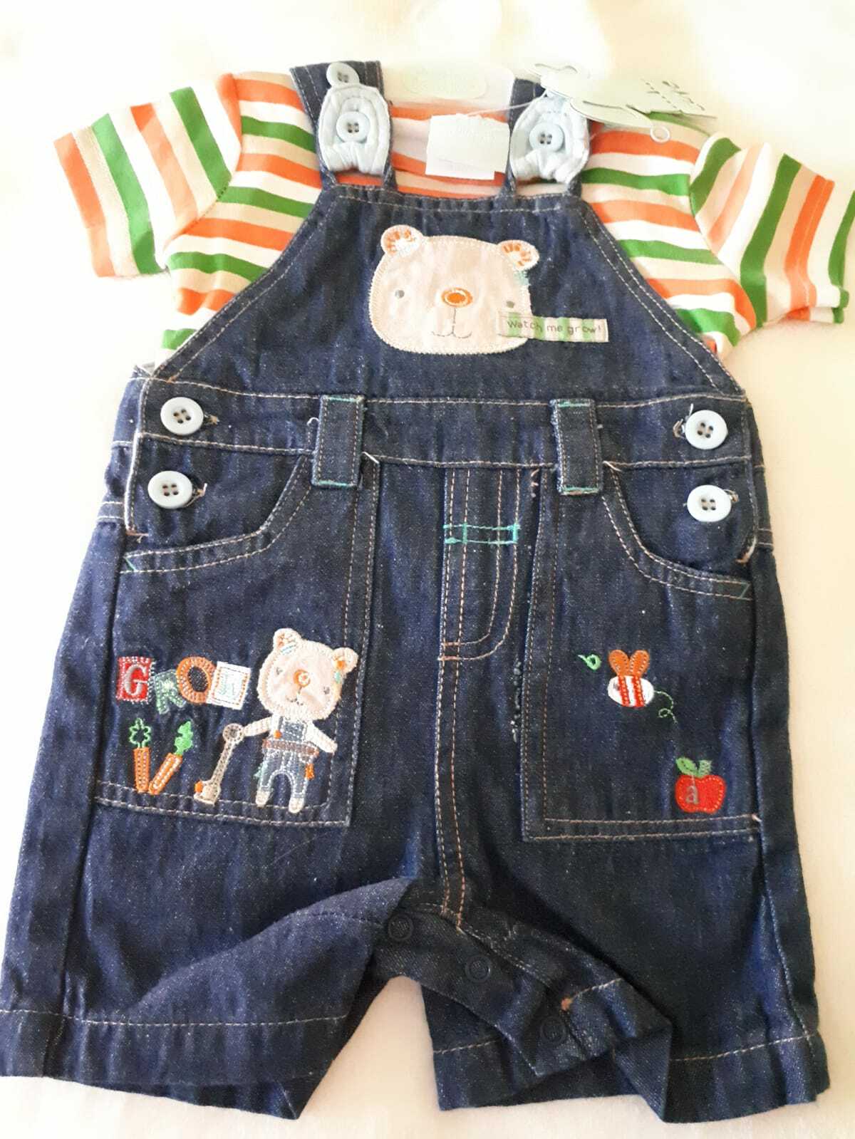 Just too Cute Dungarees & Shirt **Bear** Size 62 – 74 White/Green-Blue England NEW