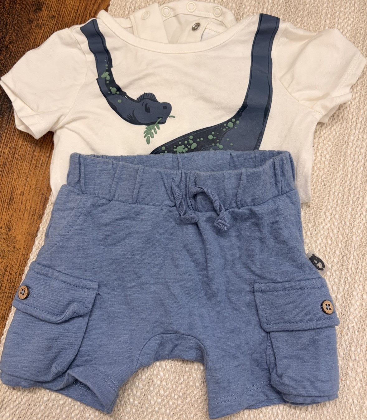 Tommy Bahama Boys 3-6M 2pc Dinosaur Bodysuit & Blue Shorts Set Cotton Knit
