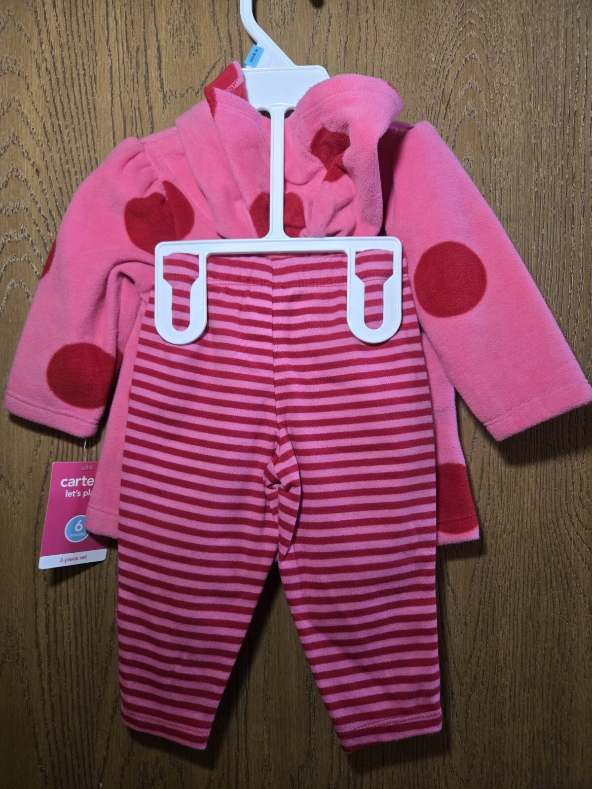 NWT Size 6M Carter’s 2pc outfit pink red polka dot fleece hooded tunic pants