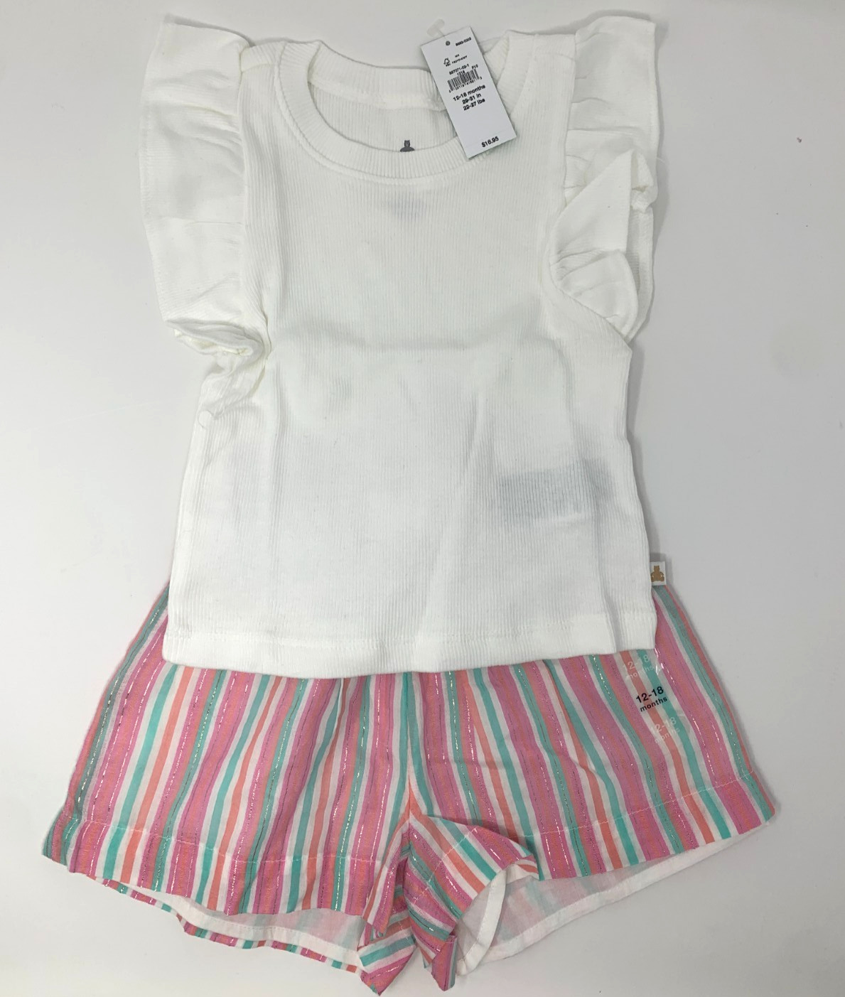 NWT Baby Gap Girls 12-18 White Ribbed Ruffle Tank and Pink Metallic Shorts Set
