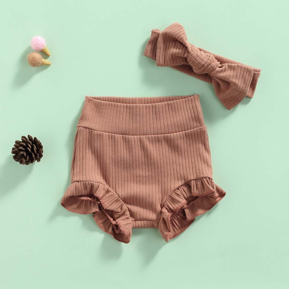Newborn Infant Baby Girl Ruffle Short Pants Solid Headband Clothes Outfits Set