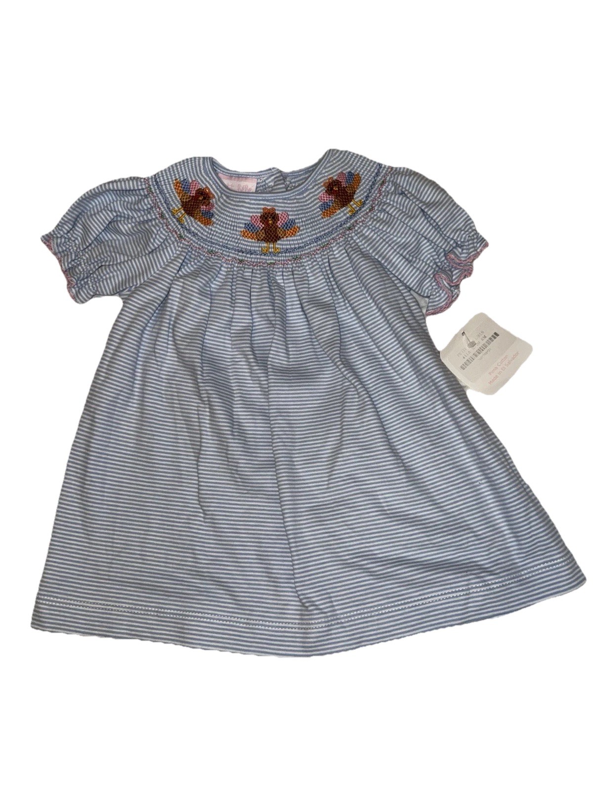 NWT Petit Bebe Girls Blue Stripe Pima Cotton Ruffled Outfit 6M
