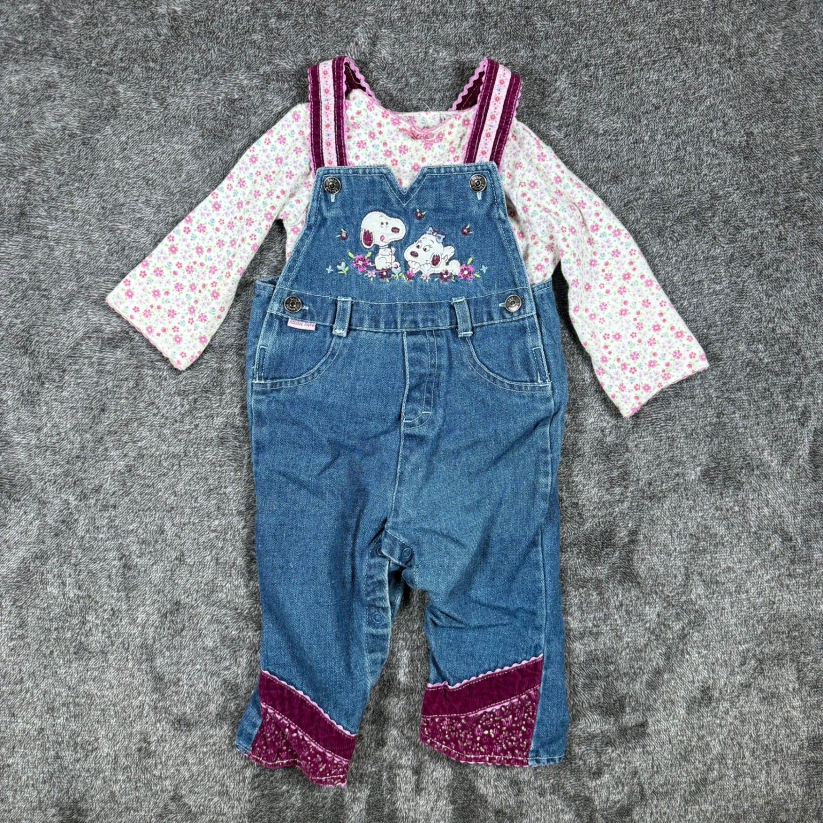 Vintage Baby Snoopy Denim Overalls and Floral Shirt Set 18M Peanuts Belle Pink