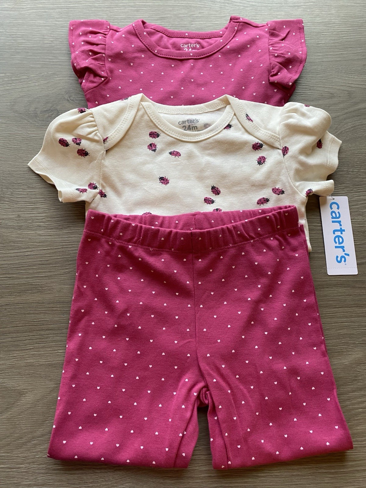 Carter’s Girls 24M 3-Piece Pink/White Ladybug Pants Set Bodysuit Cotton