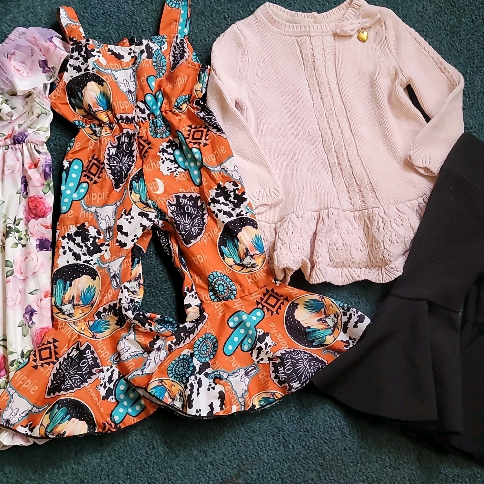 Girls Multicolor 4 Piece Outfit Set Romper Dress Top Pants Floral Western Ruffle