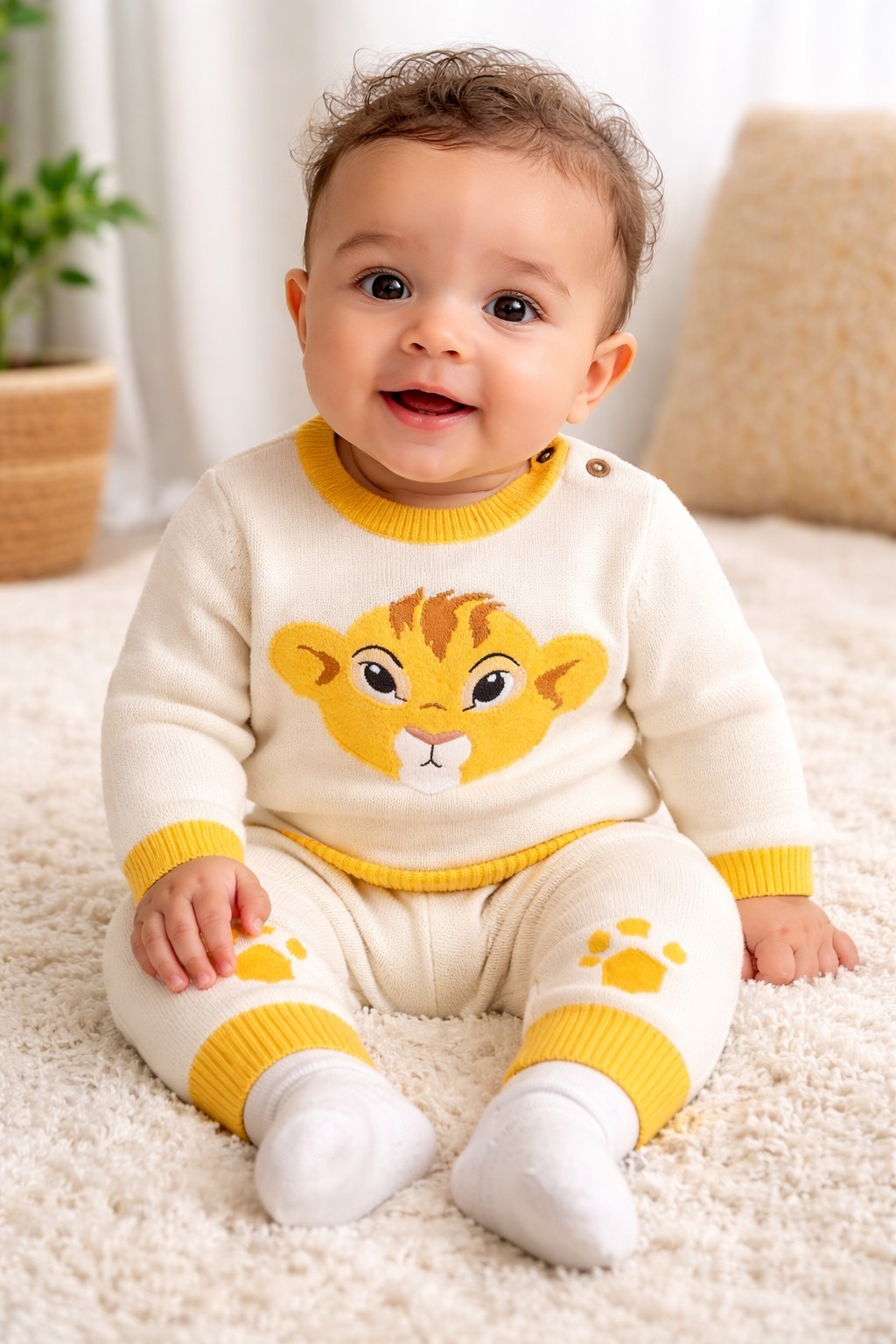 Disney Baby Simba Lion King Knit Sweater Pants Set Ivory Paw Print Sz 3-6M