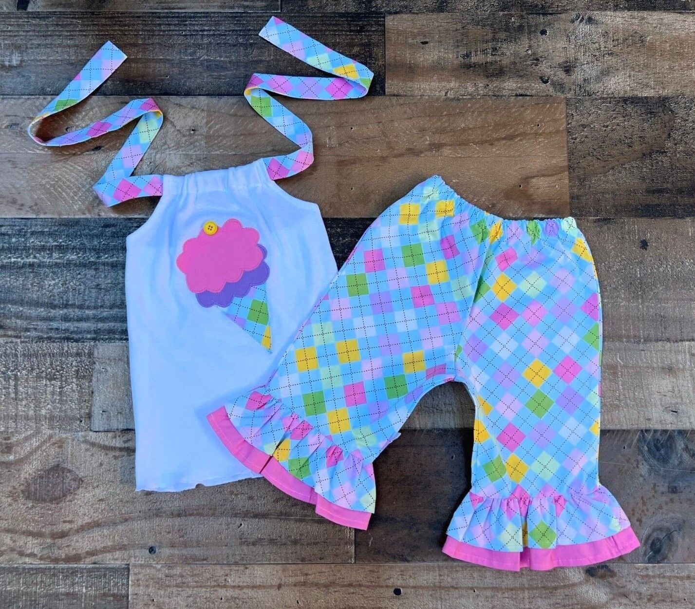 Ice Cream Social Pastel Diamonds Print Ruffled Capris & Halter Top Outfit