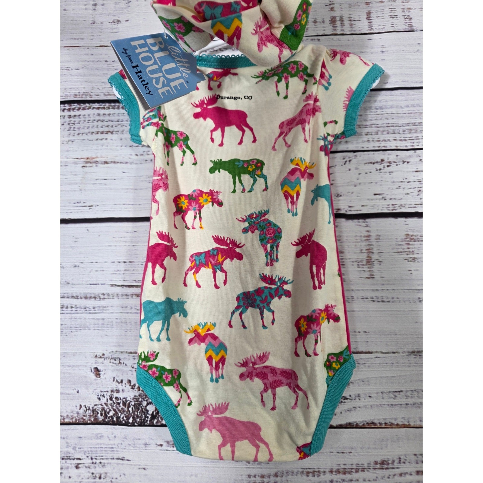 Little Blue House By Hatley Moose Be Dreaming Bodysuit 6-12 Month Pink Teal NWT