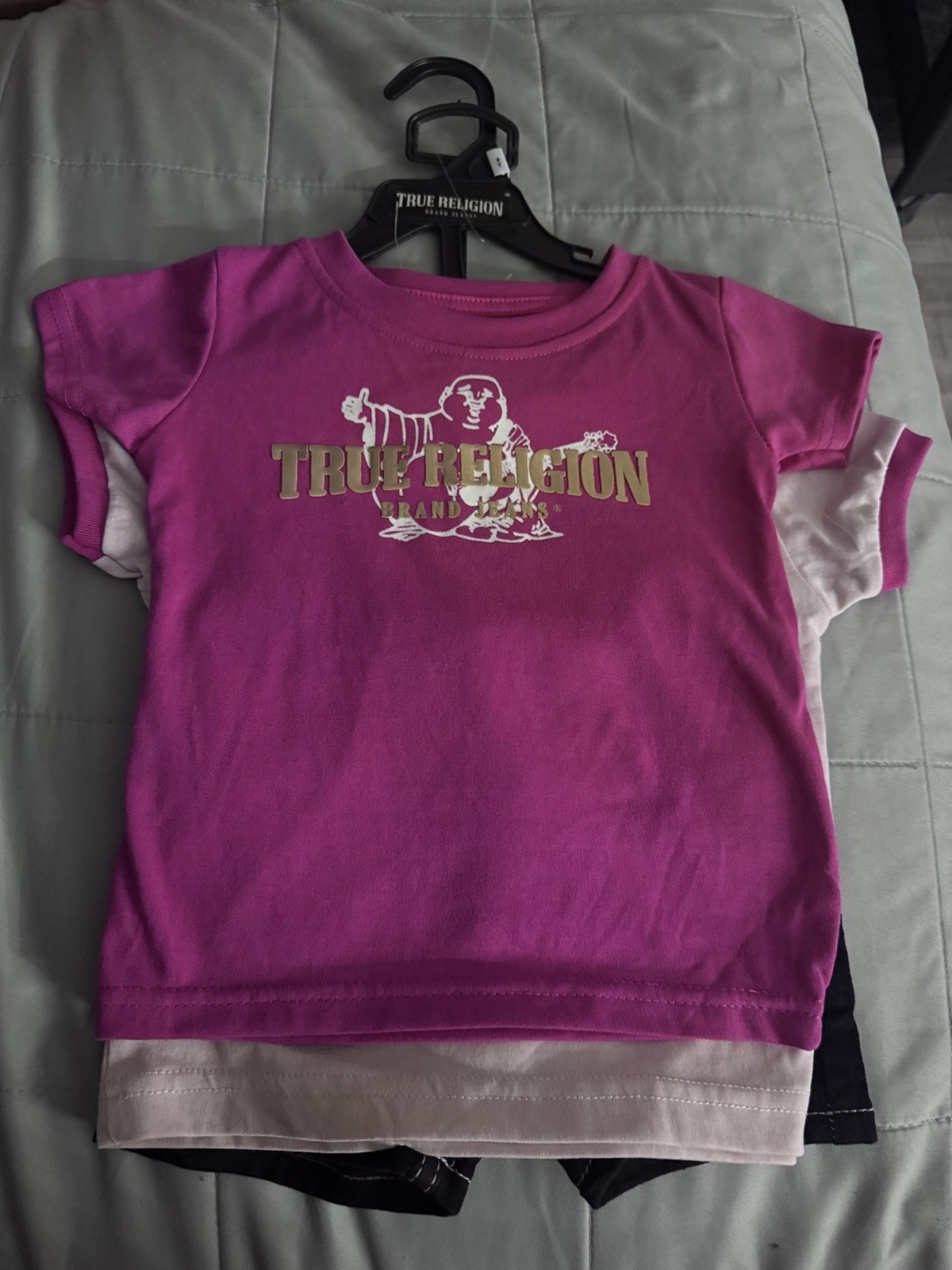 True Religion Girls 3T 3-Piece Shorts Set Pink/White Tee + Black Denim Shorts