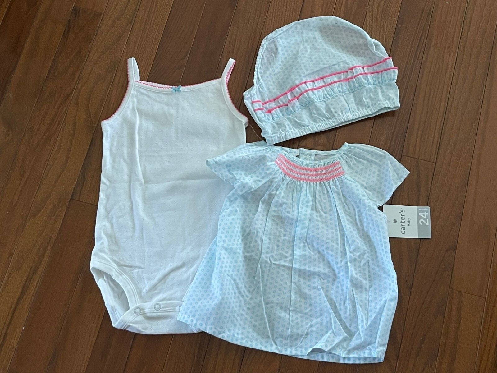 Carters Girls Blue White Pink Smocked Top Bottom Bodysuit Size 24 months New