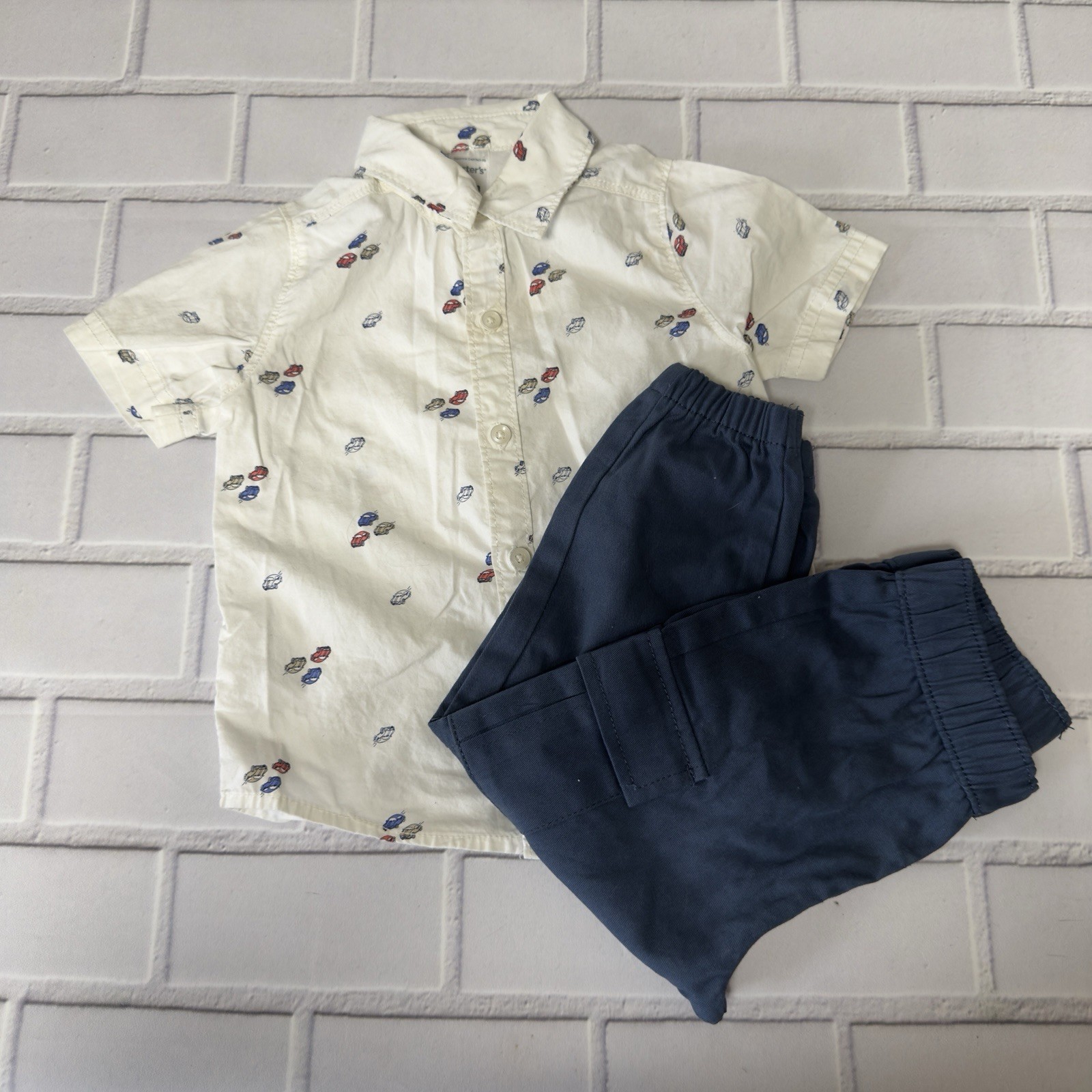 Carter’s Boys Button Up Short Sleeve Shirt & Unbranded Blue Pants 18 Months Cars