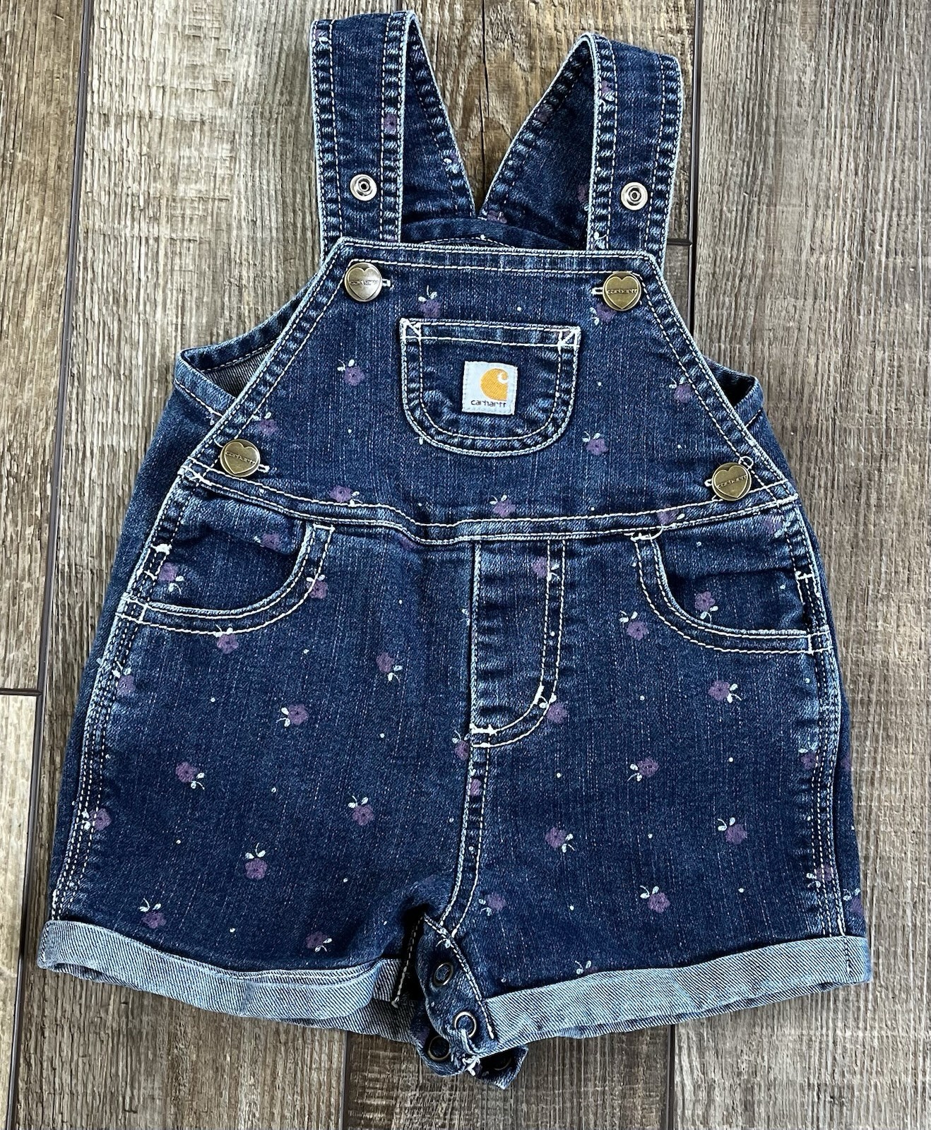 Girls Carhartt Bib Overalls Shorts Denim Floral Toddler 9 Mths Adjustable Straps