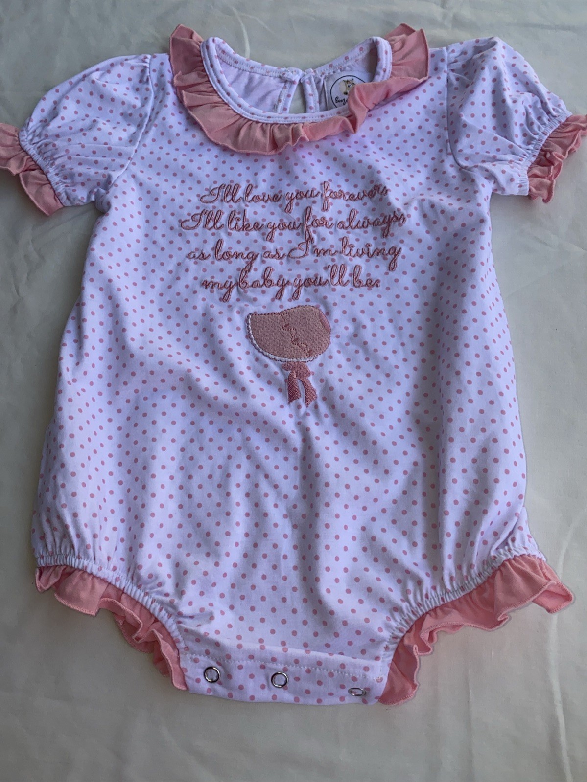 Emi Claire Smock Co Pink Polka Dots Embroidered Romper “my baby you’ll be” 18m