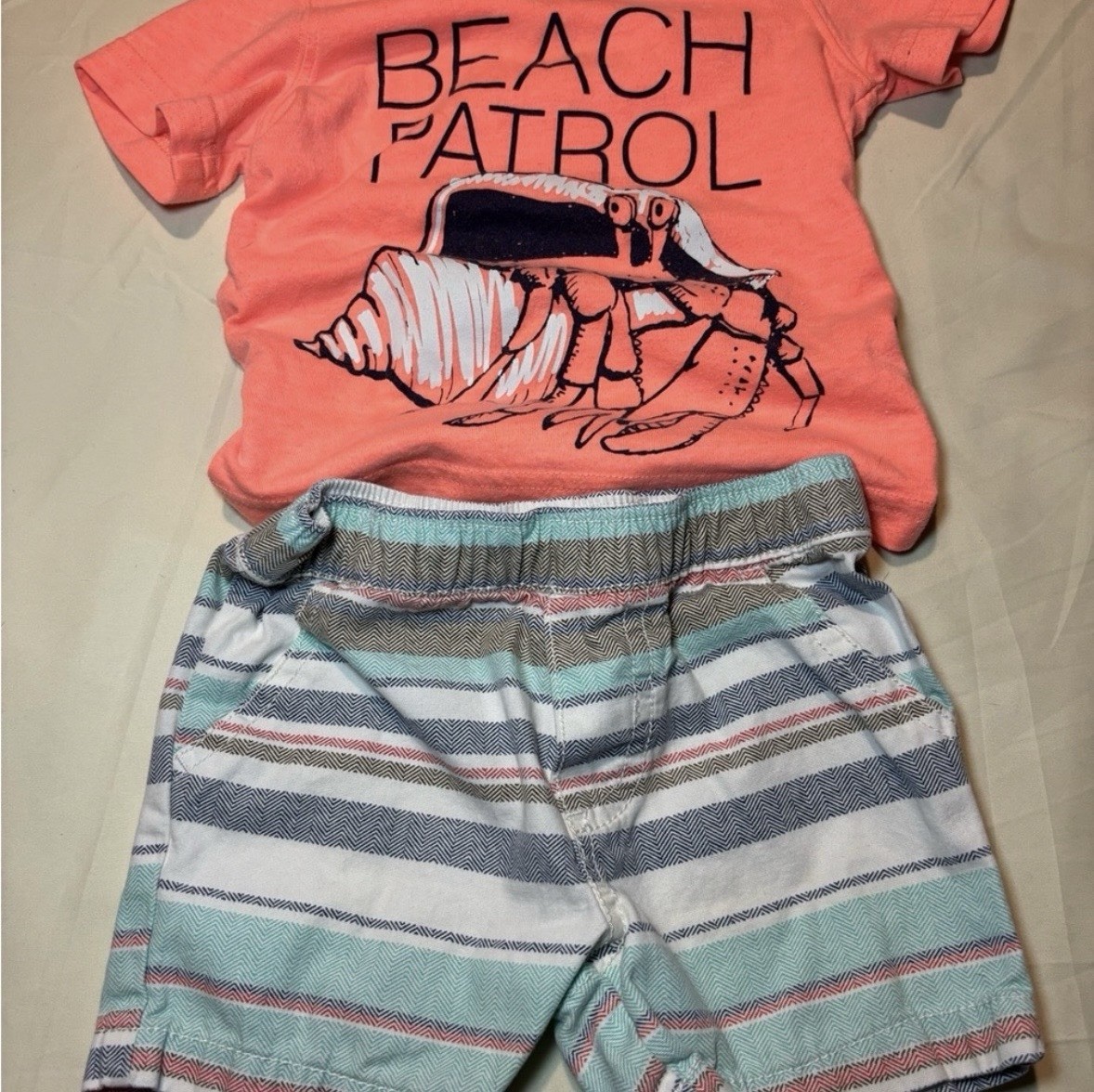 Carter’s Baby 12 Months 2 Piece Outfit Coral Crab T-Shirt & Striped Shorts