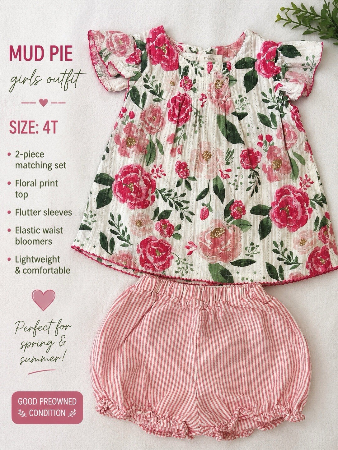 Mud Pie Baby Girls Toddler Girl Size 4t Floral Tunic and Short Set