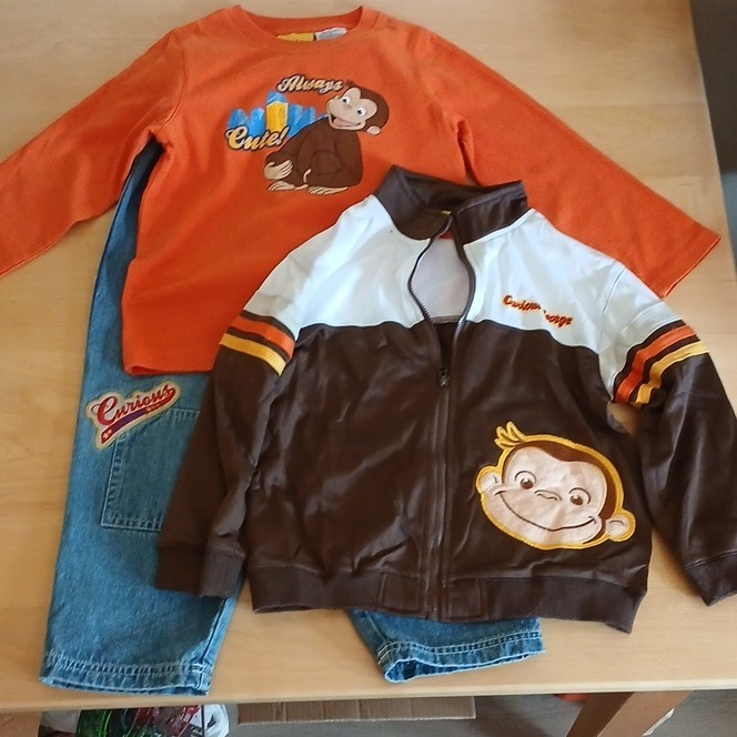 Curious George Boys 5T 3pc Pants Set Zip Jacket Long Sleeve Tee Jeans Orange