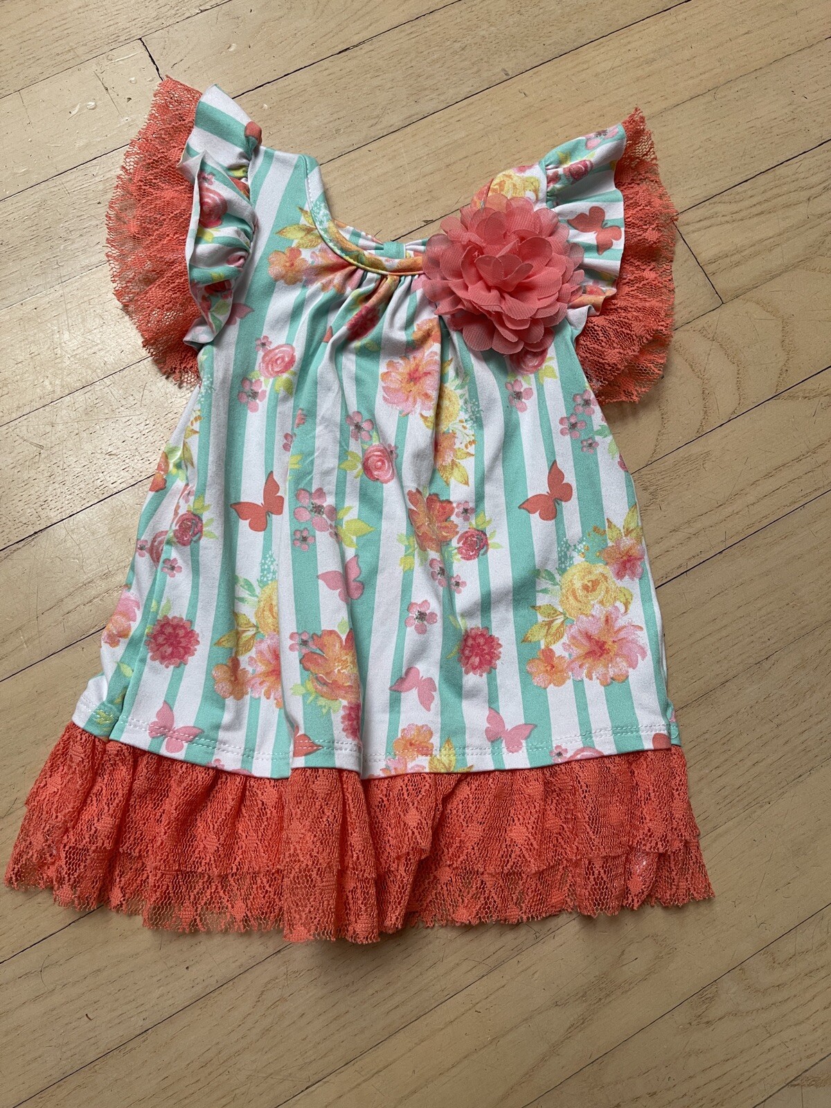 NWT Biscotti Mint Green Orange Lace Ruffle Flower Shirt Dress 24 Months-$48
