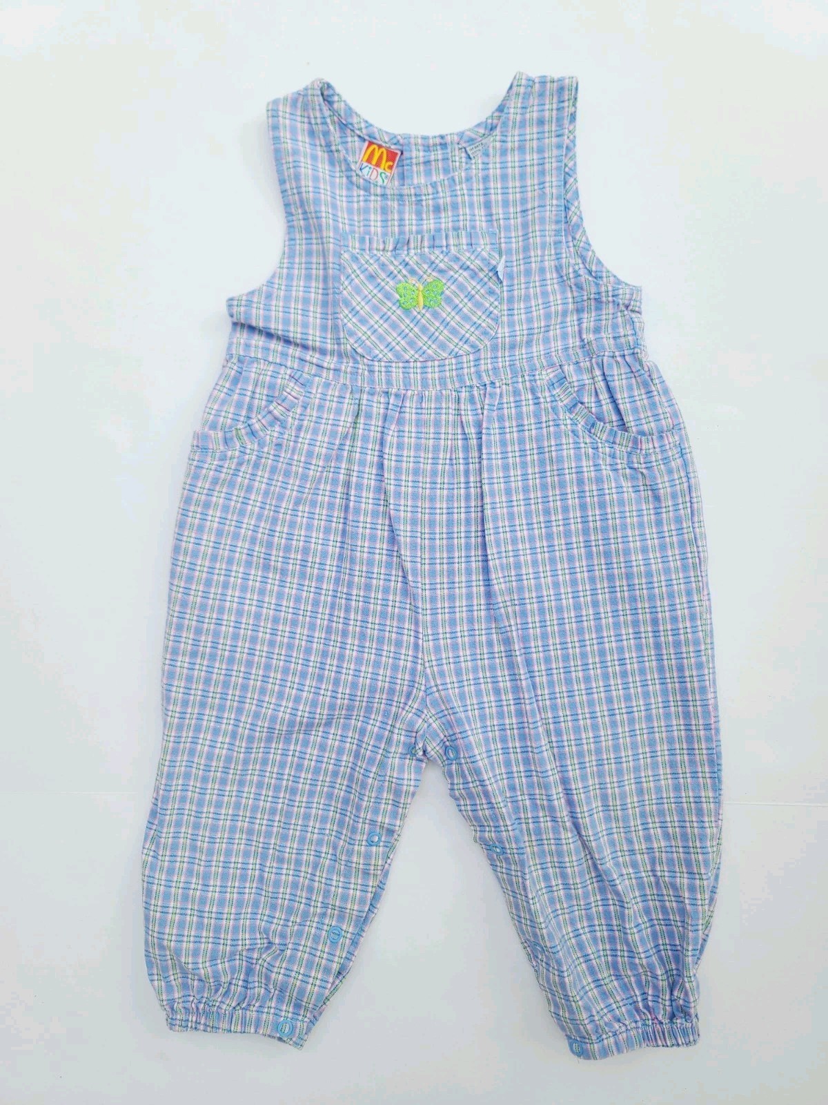 VTG Mckids Jumper Romper Girls Embroider Butterfly 24M Plaid Overalls 90’s Y2K